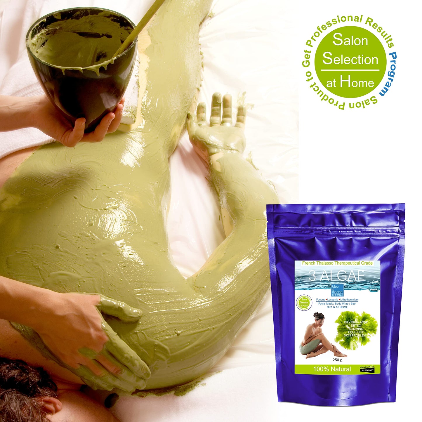 bleu & marine Bretania - 250g Detox Seaweed Body Mud Wrap | Anti-Aging & Skin Rejuvenating | Strong Detox Action | Inch-Loss Body Treatment | Solutions for Oily Skin & Acne, 250 g Pack of 1