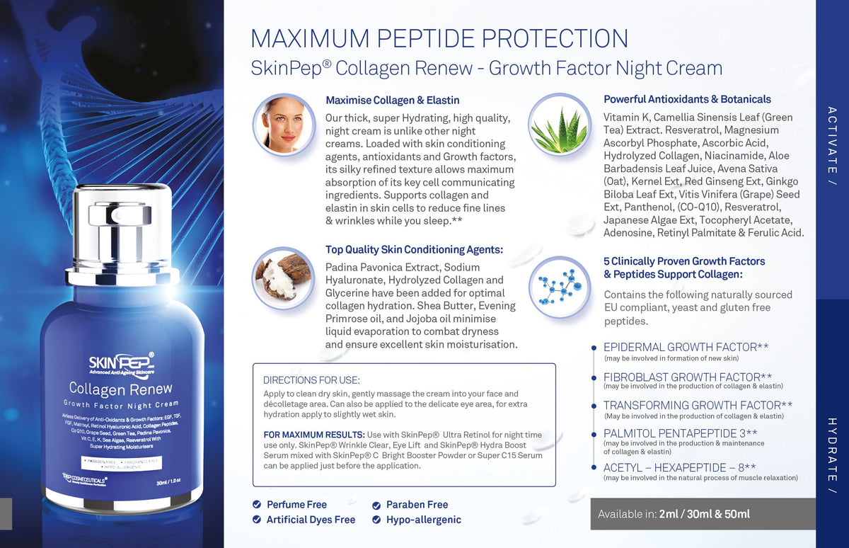 SkinPep Collagen Renew - Growth Factor Night Cream - Super Hydrating Moisturisers + Retinol + Hyaluronic Acid + Vitamin C +Collagen Peptides - SkinPep Best Choice For Premium Quality Night Cream (14ml)