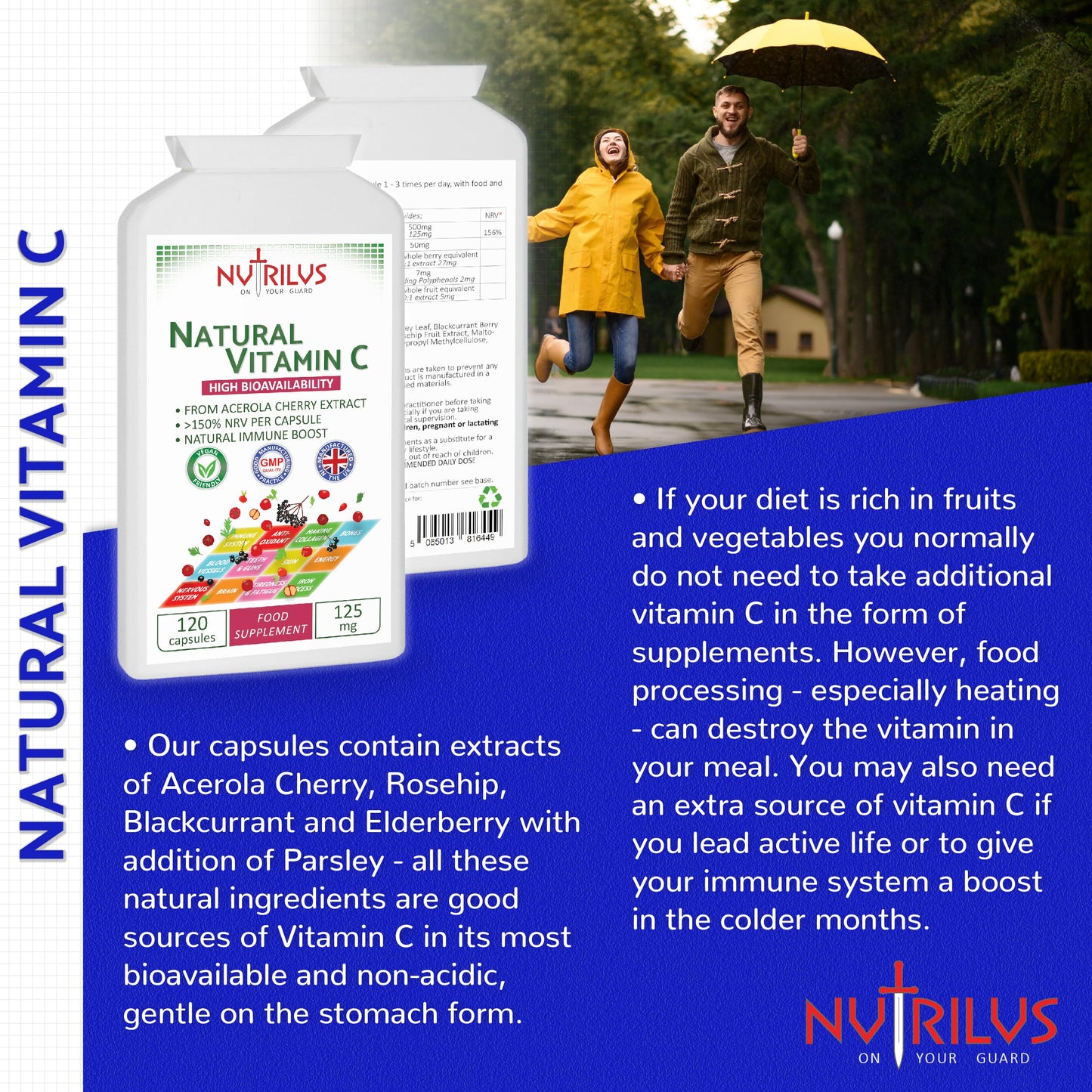 Nutrilus Natural Vitamin C Capsules from Acerola Cherry 500mg Extract - High Bioavailability Supplement - not Ascorbic Acid - Fruit and Herbs Extracts - not Tablets (120 Capsules)