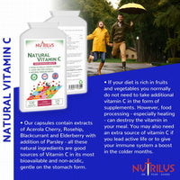 Nutrilus Natural Vitamin C Capsules from Acerola Cherry 500mg Extract - High Bioavailability Supplement - not Ascorbic Acid - Fruit and Herbs Extracts - not Tablets (120 Capsules)