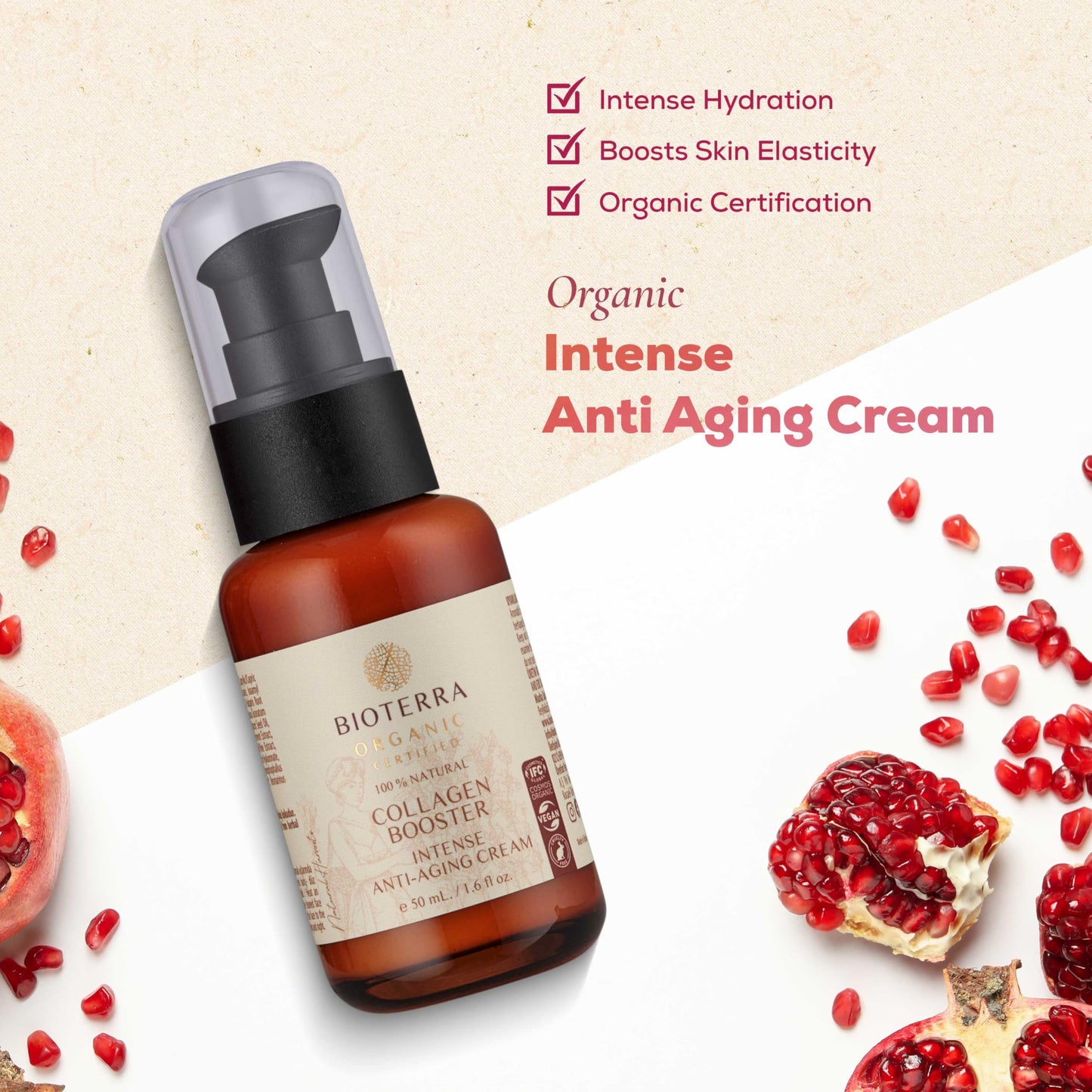 Bioterra Organic Collagen Booster Intense Anti-Aging Cream, Natural Ingredients, Face Moisturiser for Ultimate Glow, Cruelty-Free, 50 ml