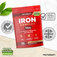 Horbäach Iron Tablets | High Strength Iron with Vitamin C, Folic Acid & Vitamin B12 | Supplement for Men & Women | 180 Vegan Tablets | by Horbaach