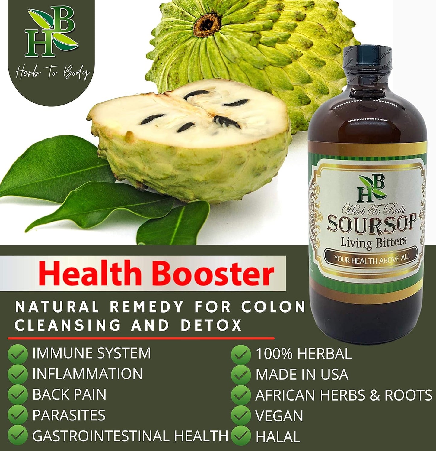 Herb To Body Soursop Living Bitter 16 Ounce - with Soursop Leaves for Holistic Immune Support