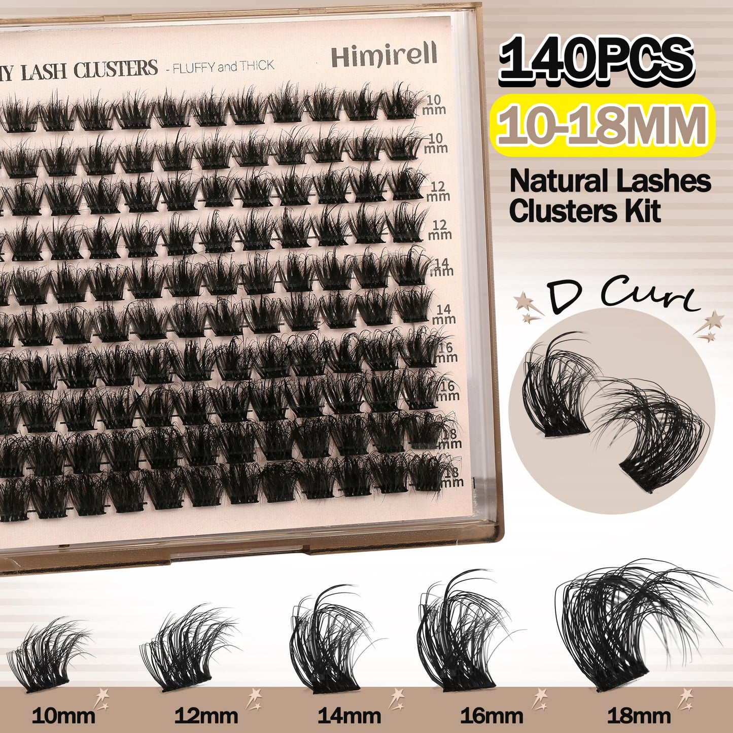 Himirell Premium Lash Clusters Kit - 140Pcs D Curl Individual Lashes for Natural, Wispy Look - Fluffy Volume Extension with Tweezers, Bond, and Remover
