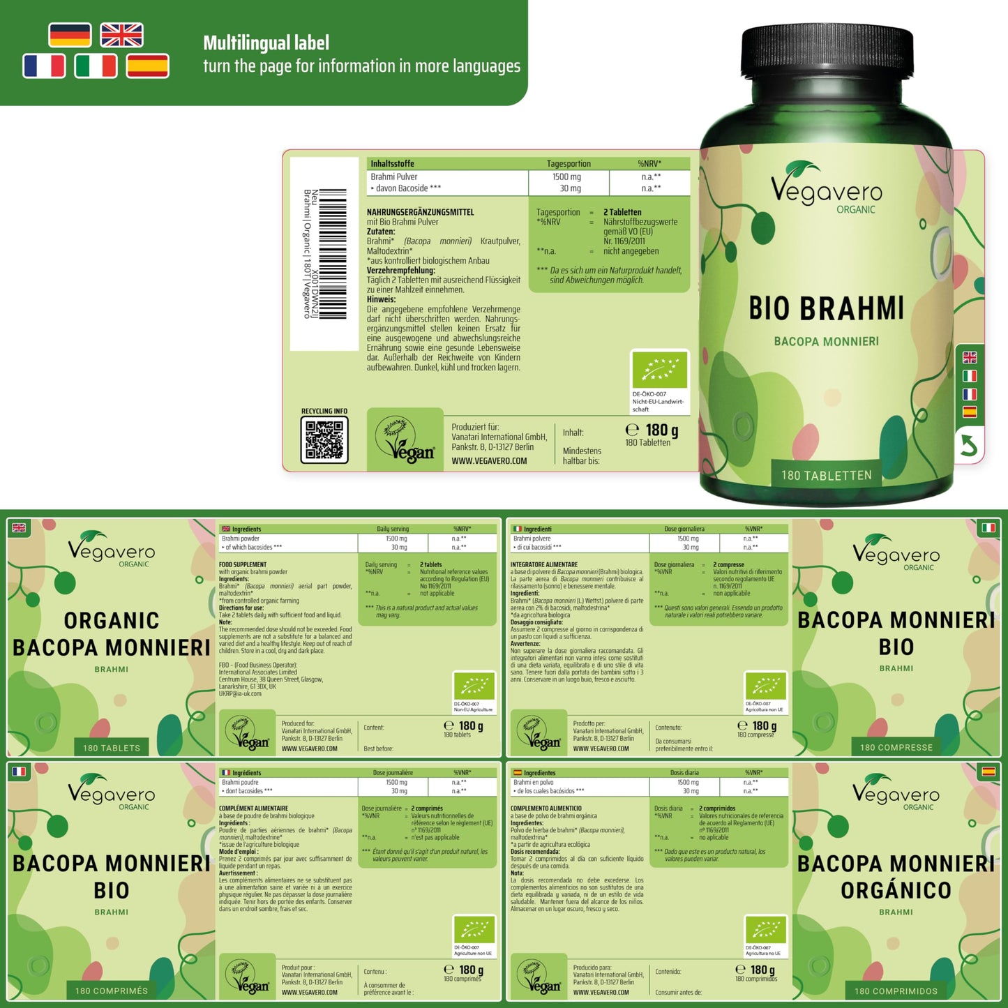 Vegavero Organic Bacopa Monnieri | 1500 mg Brahmi | 2% Natural Bacosides | Lab-Tested | 180 Tablets | Vegan