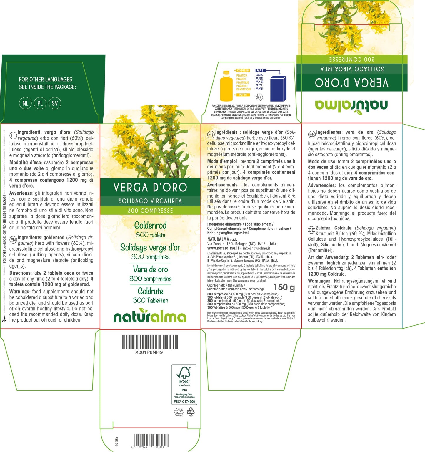 Goldenrod (Solidago virgaurea) herb with Flowers NATURALMA | 150 g | 300 Tablets of 500 mg | Food Supplement | Natural and Vegan
