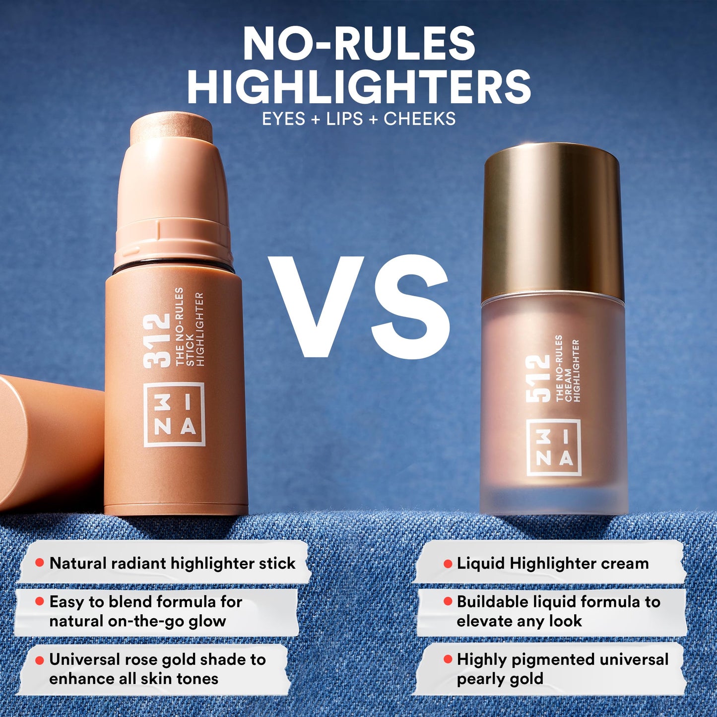 3INA MAKEUP - The No-Rules Cream Highlighter 512 - Liquid Highlighter Pearly gold for Eyes Lips & Cheeks w Sweet Almond Oil
