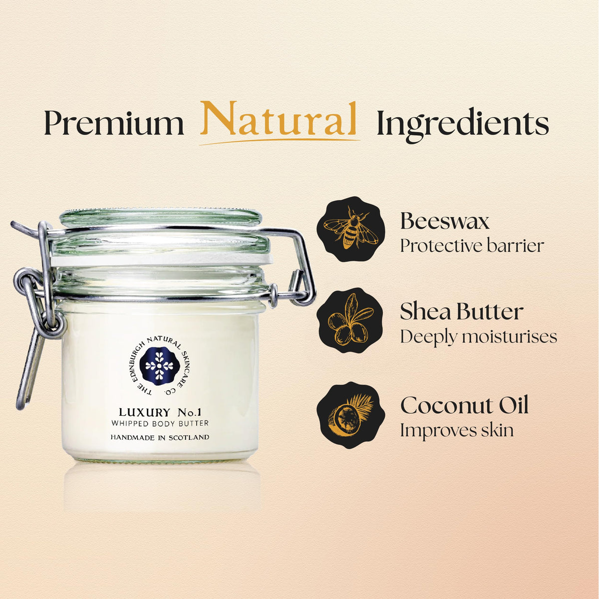 The Edinburgh Natural Skincare Company Ltd. Luxury No.1 Whipped Body Butter | 100% Natural | Intensely Moisturising & Long-Lasting Hydration | Enriched With Shea Butter & Coconut Oil | Edinburgh Natural Skincare