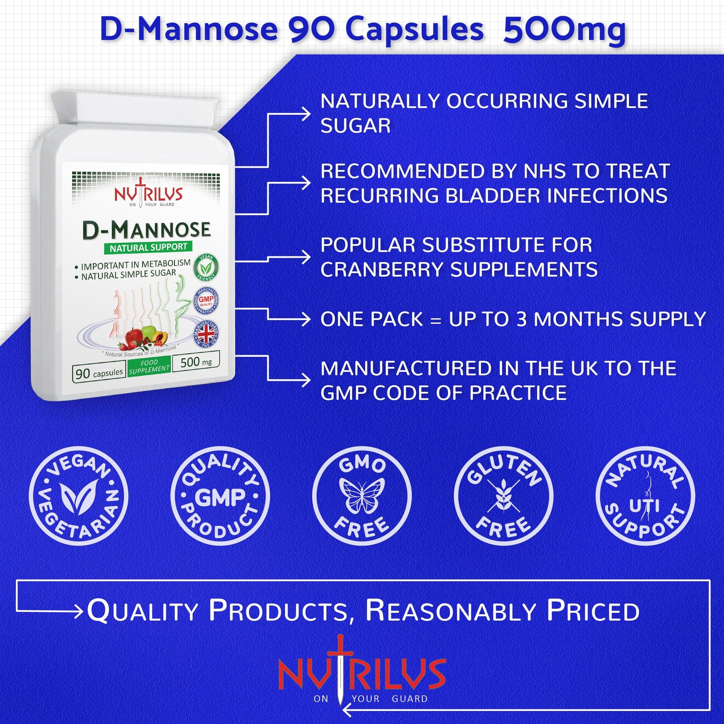 Nutrilus D-Mannose 90 Capsules 500mg - 1000mg per Serving - Pure Extract - Vegan - not Tablets - Urinary Tract - Bladder Infections - UTI