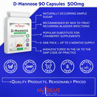 Nutrilus D-Mannose 90 Capsules 500mg - 1000mg per Serving - Pure Extract - Vegan - not Tablets - Urinary Tract - Bladder Infections - UTI