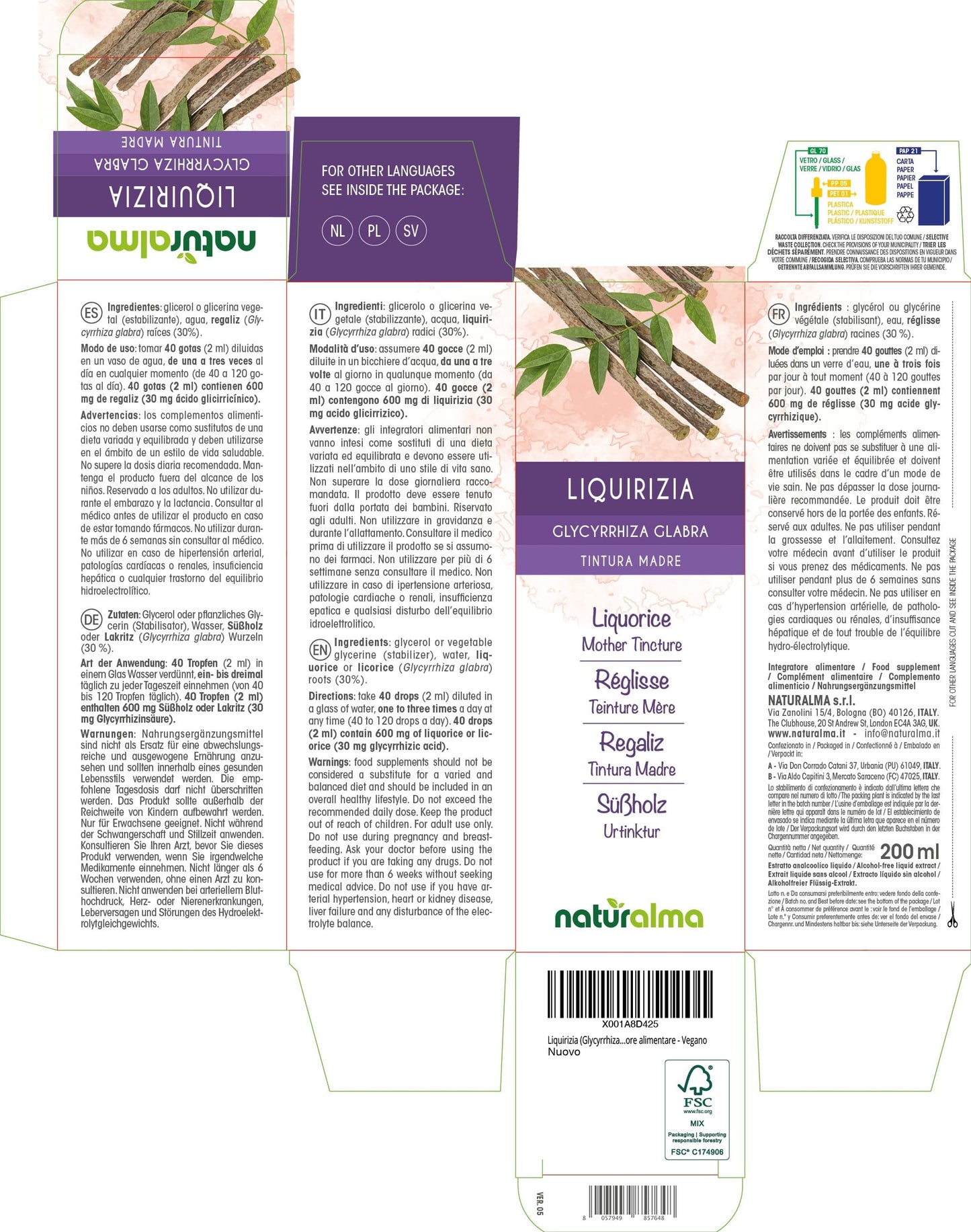 Liquorice or Licorice (Glycyrrhiza glabra) Roots Alcohol-Free Mother Tincture Naturalma - Liquid Extract Drops 200 ml - Food Supplement - Vegan