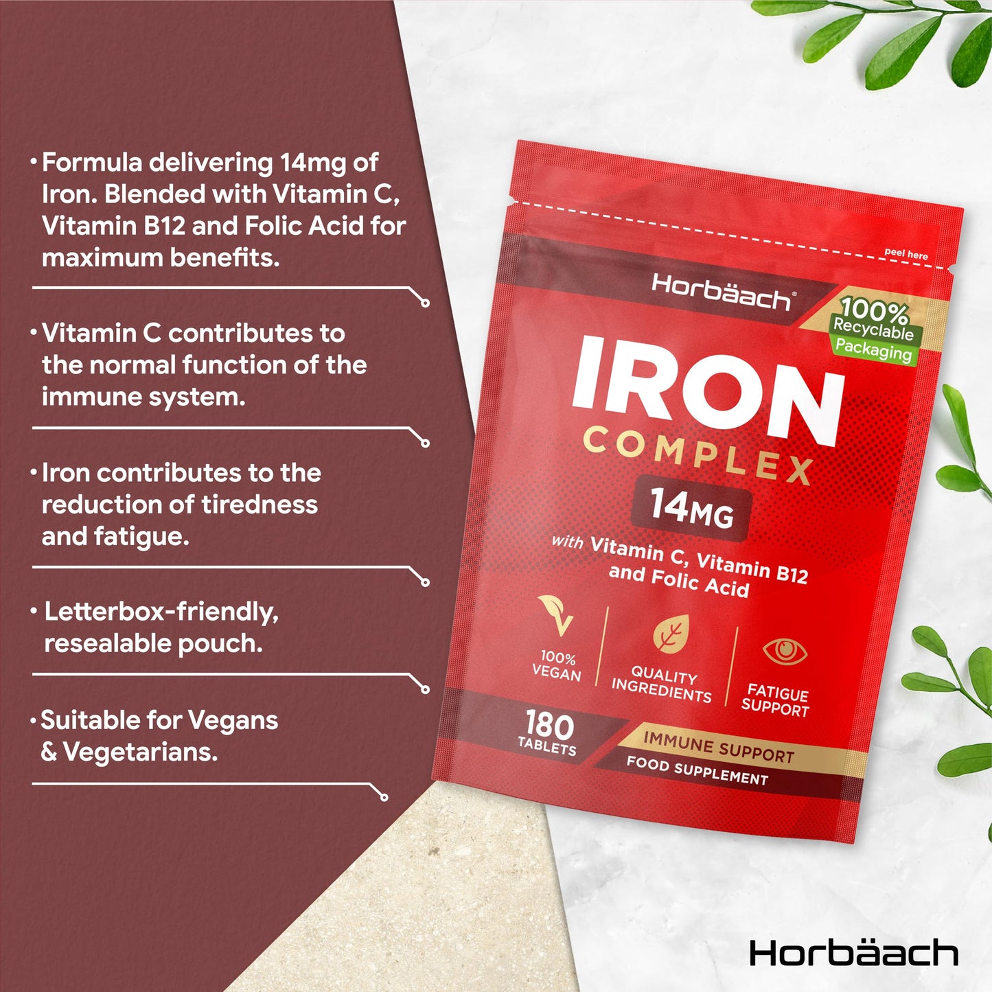 Horbäach Iron Tablets | High Strength Iron with Vitamin C, Folic Acid & Vitamin B12 | Supplement for Men & Women | 180 Vegan Tablets | by Horbaach