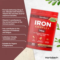 Horbäach Iron Tablets | High Strength Iron with Vitamin C, Folic Acid & Vitamin B12 | Supplement for Men & Women | 180 Vegan Tablets | by Horbaach