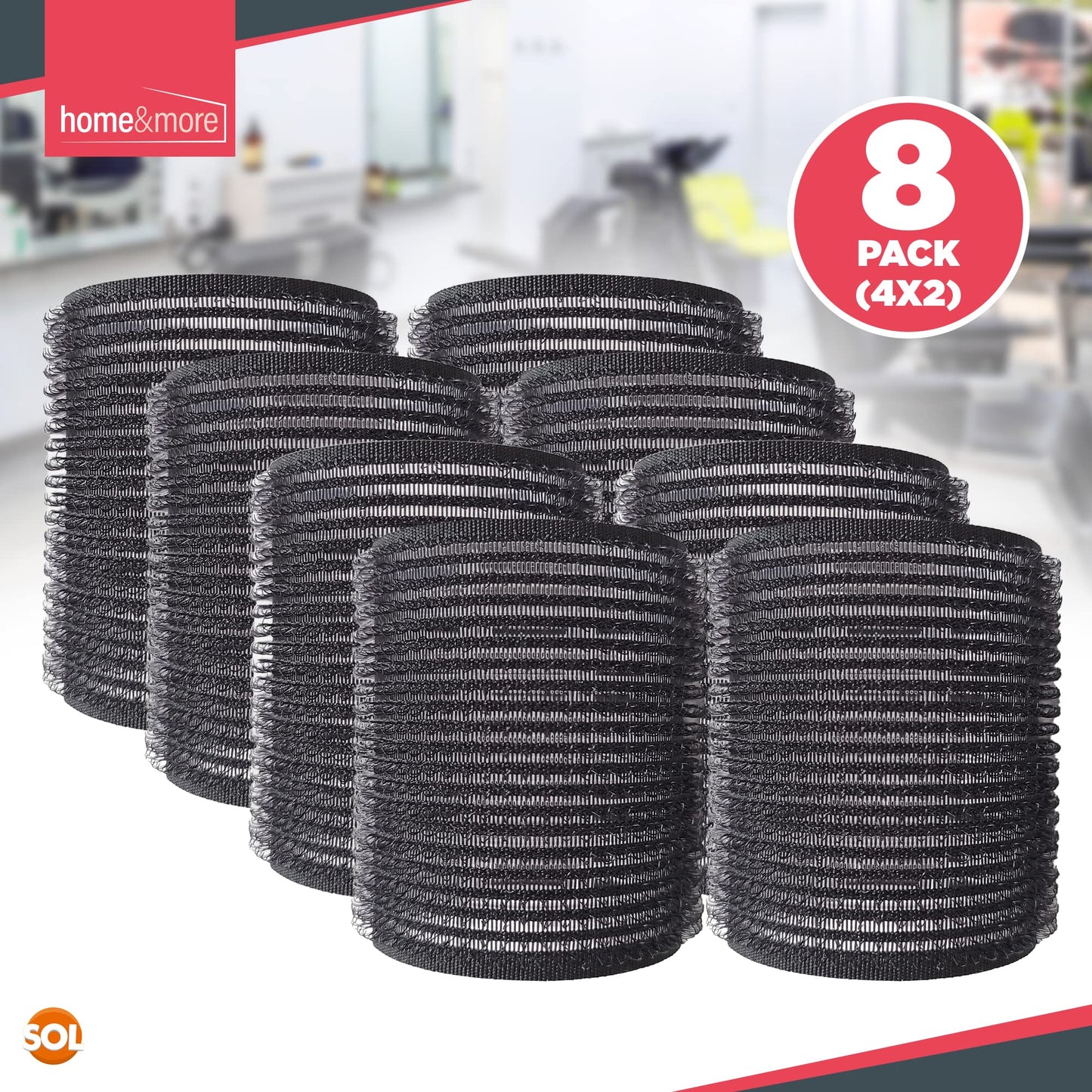 SOL 8PK Black Hair Rollers for Hair Volume | Self Holding Large Hair Rollers | Black Velcro Rollers for Hair | Hair Roller for Long Hair & Short Hair | Large Velcro Hairdressing Curler | Salon Hair Curler