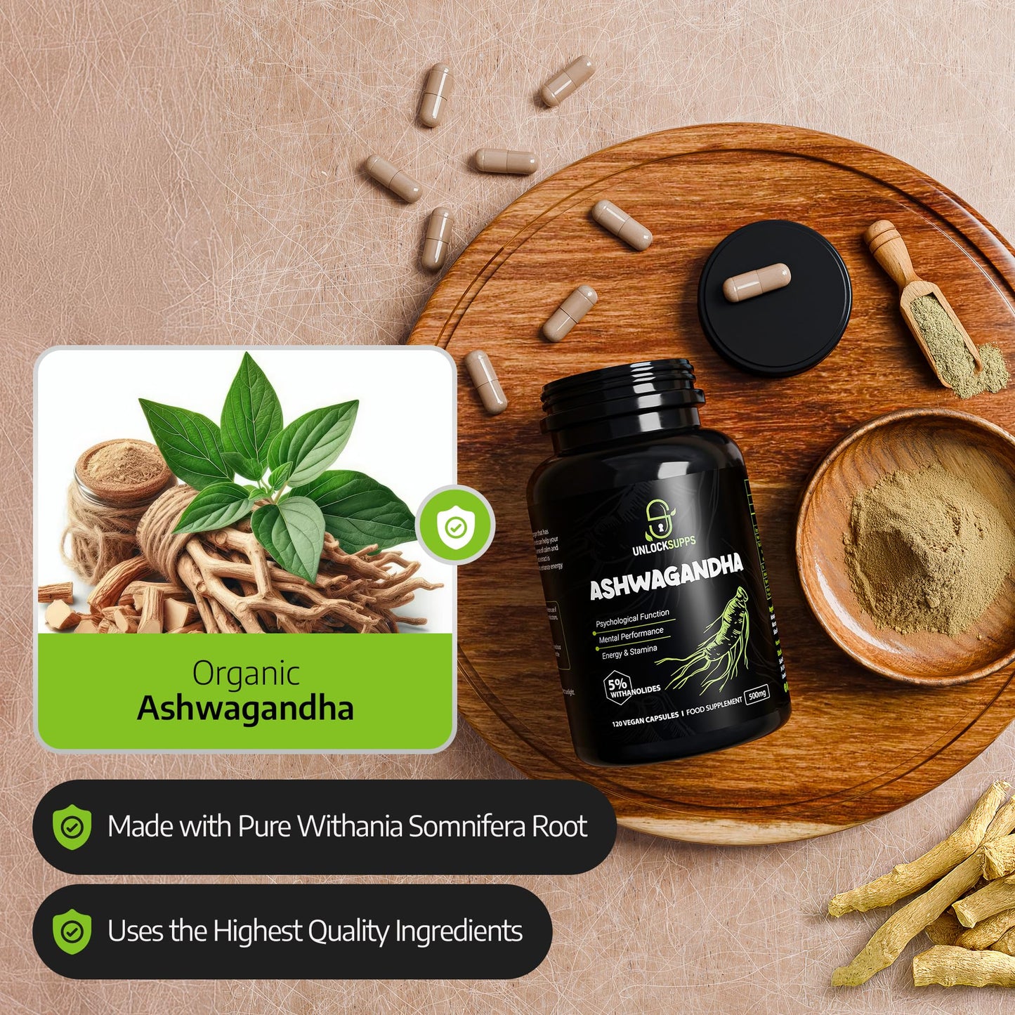 UNLOCKSUPPS UnlockSupps Ashwagandha 500mg - 120 Capsules | Relieve Stress & Boost Stamina | Ashwagandha Capsules with Pure Withania somnifera Root | No Preservatives, Gluten-Free