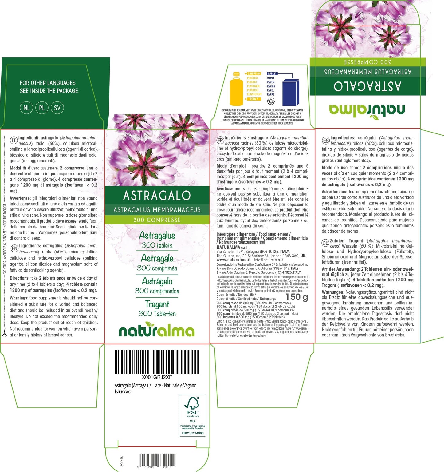 Astragalus (Astragalus membranaceus) Roots Naturalma - 150 g - 300 Tablets - Food Supplement - Natural and Vegan