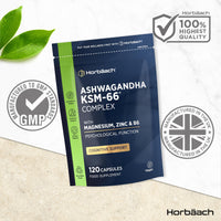 Horbäach Ashwagandha KSM-66 Complex with Magnesium, Zinc & Vitamin B6 | High Strength Ashwagandha Root Supplement | 120 Vegan Capsules | Horbaach
