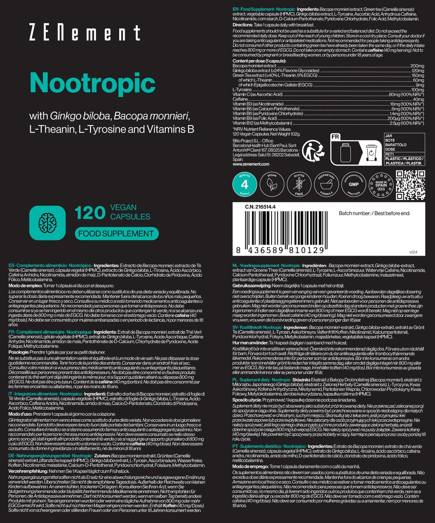 Nootropic, with Ginkgo biloba, Bacopa monnieri, L-Theanin, L-Tyrosine and Vitamins B, 120 Vegan Capsules | Memory, Concentration, Clear Thinking | Vegan, Additive Free, Allergen Free | Zenement