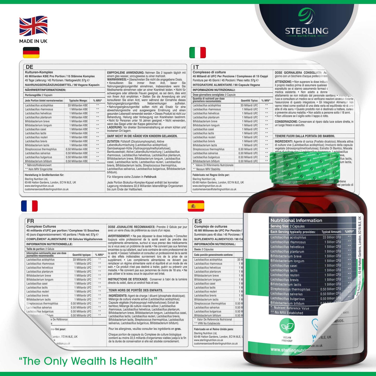 STERLING NUTRITION Bio Cultures Probiotic Complex with 45 Billion CFU with 15 Live Bacteria Strains - Digestive Enzyme Supplements - 90 Super Strength Vegan Capsules - Made in UK - by Sterling Nutrition