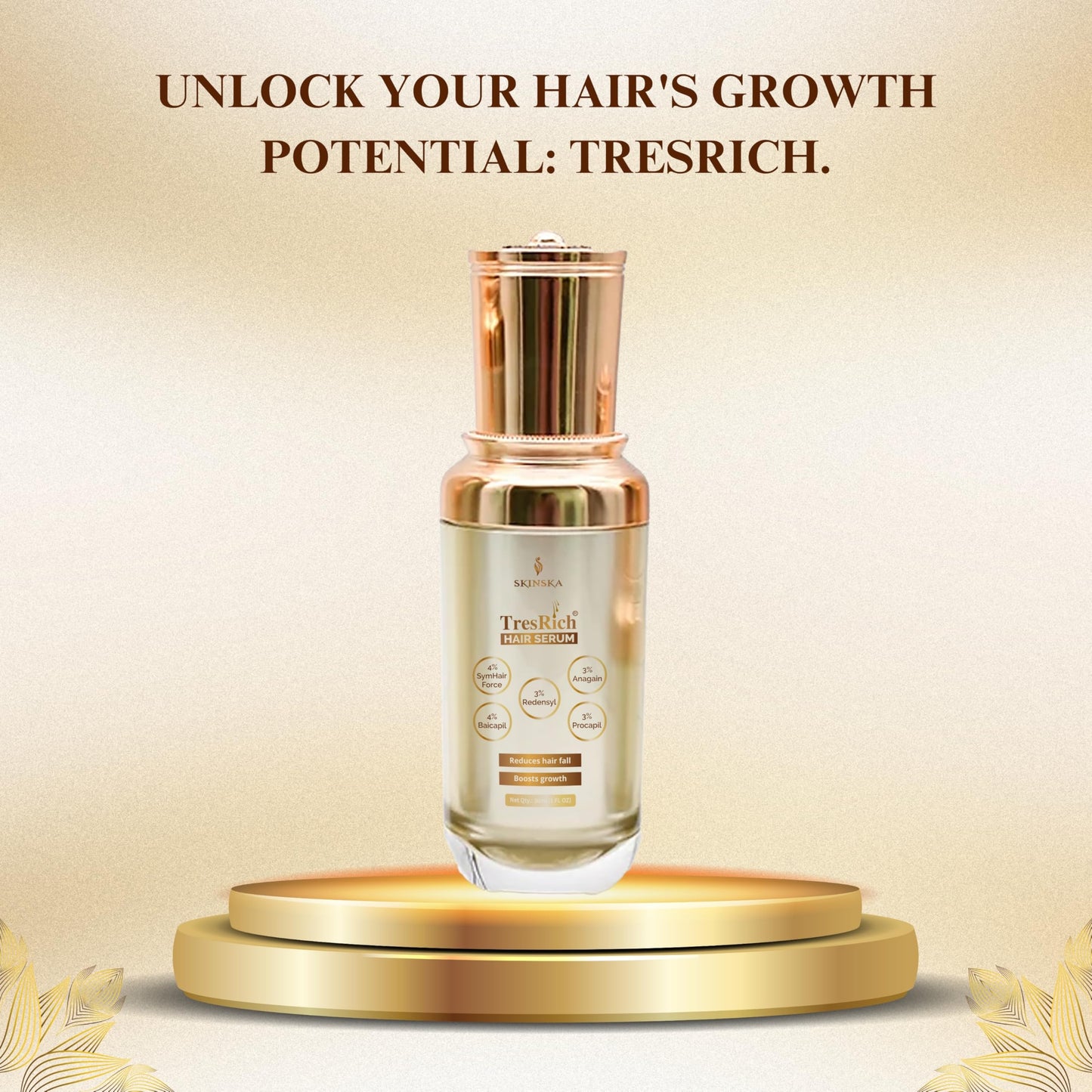 SKINSKA NATURALS Skinska naturals - TresRich Hair Serum with Redensyl 3%, Anagain 3%, Procapil 3%, Baicapil 4% And Symhair Force 4% - Hair Growth Serum for Men & Women