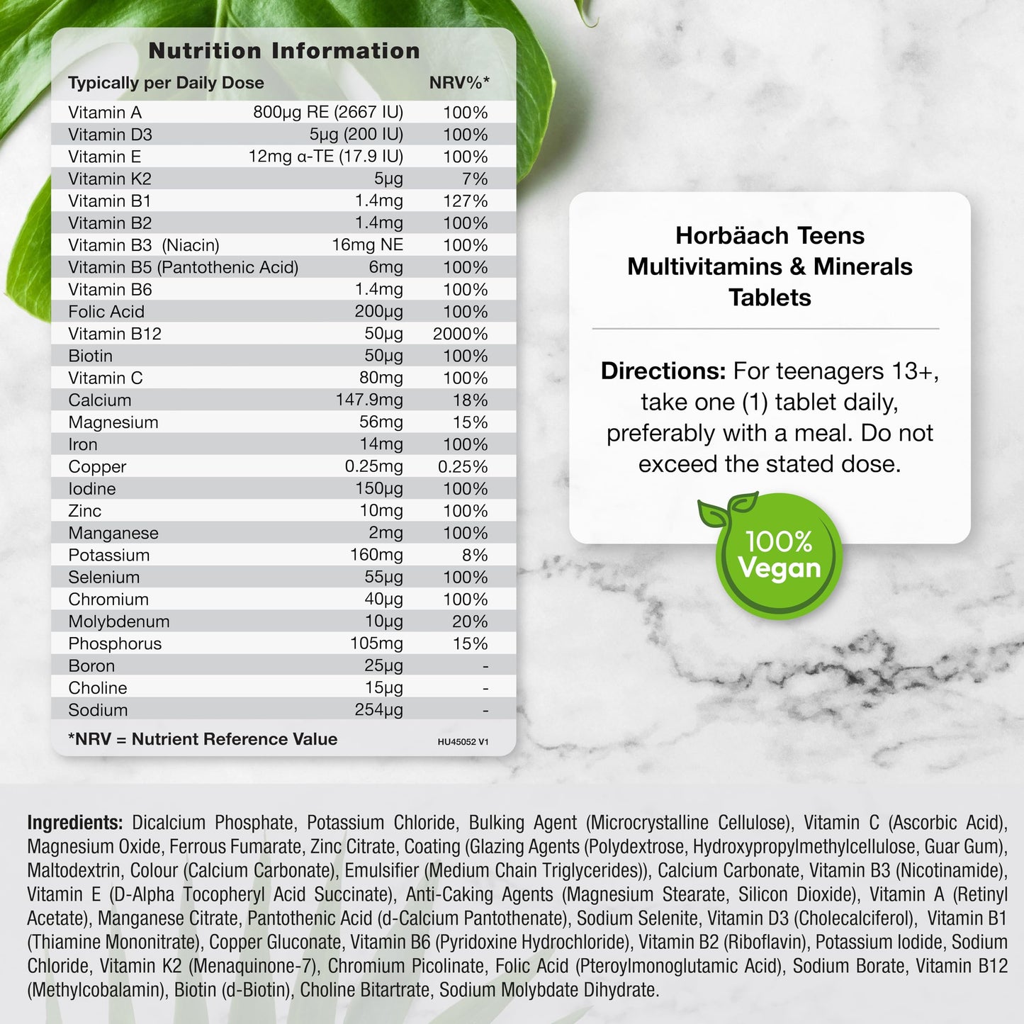 Horbäach Teen Multivitamin | 120 Vegan Tablets | One-a-Day Formula | 28 Nutrients with Biotin, Folic Acid, Iron, Vitamin C & B6 | Multivitamin Support for Teenage Boys & Girls | By Horbaach
