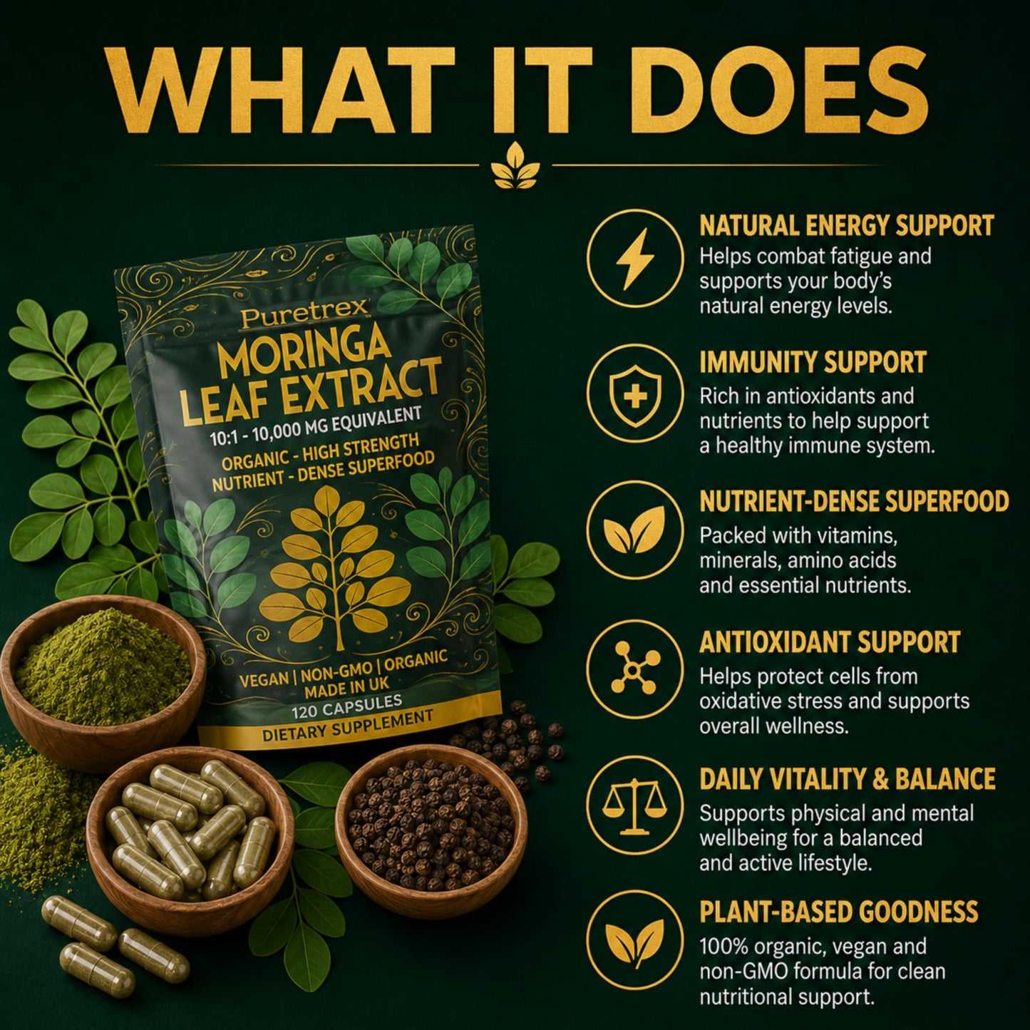 Puretrex Moringa Leaf Extract Capsules 10,000mg Equivalent 10:1, 120 Count, High Strength Organic Moringa Oleifera, BioPerine Black Pepper, Natural Energy Immunity Vitality Support, Vegan, Made in UK