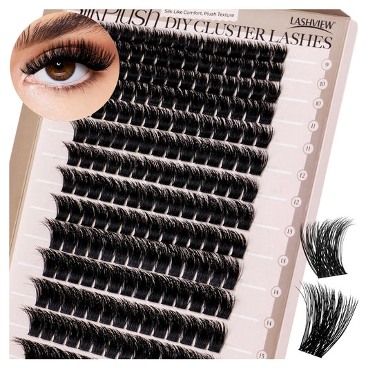 LASHVIEW Cluster Lashes D Curl Volume Eyelash Clusters 9-16mm Mix SilkPlush Soft Fluffy DIY Cluster Eyelash at Home-Style W03