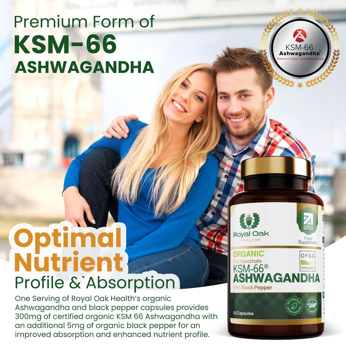 Organic High Concentration Full Spectrum KSM-66 ASHWAGANDHA with 5% Withanolides and Black Pepper, Made in Britain by Royal Oak Health, 60 Capsules