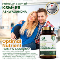 Organic High Concentration Full Spectrum KSM-66 ASHWAGANDHA with 5% Withanolides and Black Pepper, Made in Britain by Royal Oak Health, 60 Capsules
