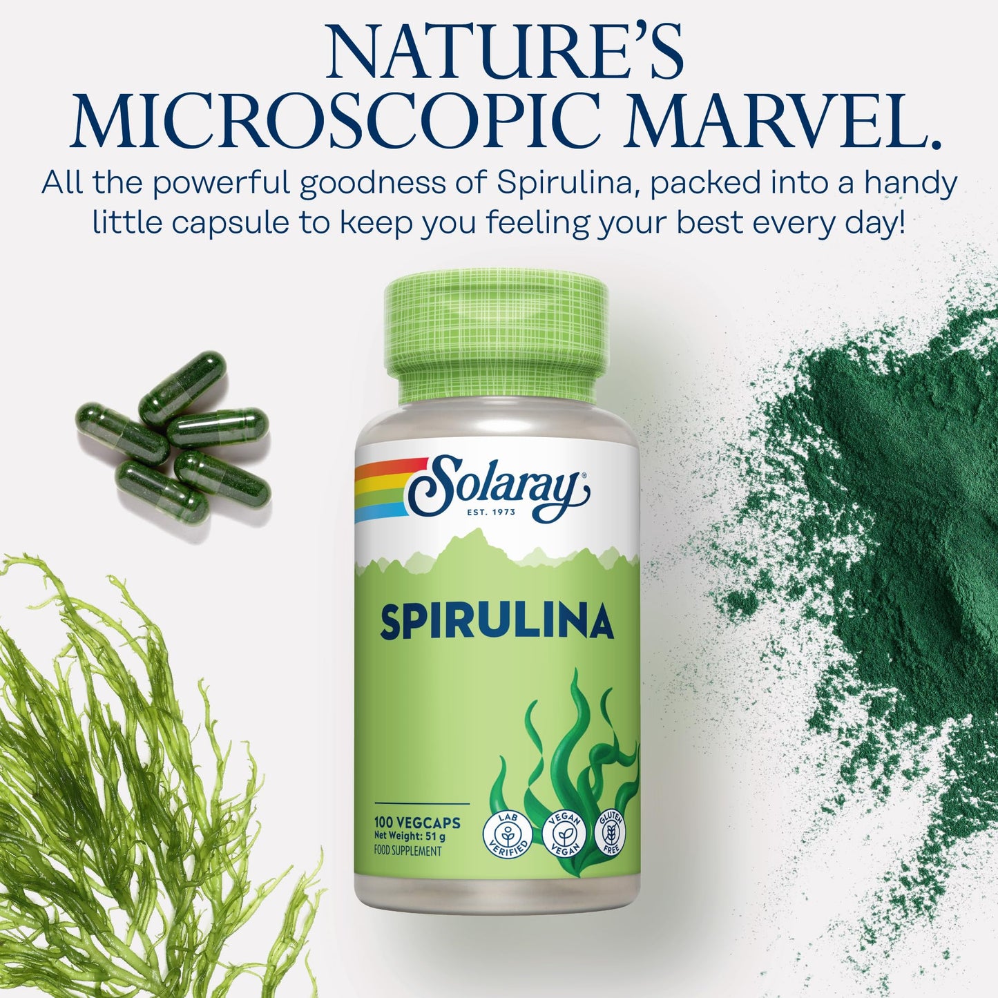 SOLARAY Spirulina Algae - 100 Vegan Capsules not Tablets or Powder - High Strength Spirulina Supplement with Added Vitamin A 70mcg - Lab Verified - Solaray