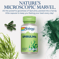 SOLARAY Spirulina Algae - 100 Vegan Capsules not Tablets or Powder - High Strength Spirulina Supplement with Added Vitamin A 70mcg - Lab Verified - Solaray