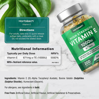 Vitamin E Capsules 1000iu | 200 Count | Protection of Cells from Oxidative Stress | Preservative Free | by Horbaach