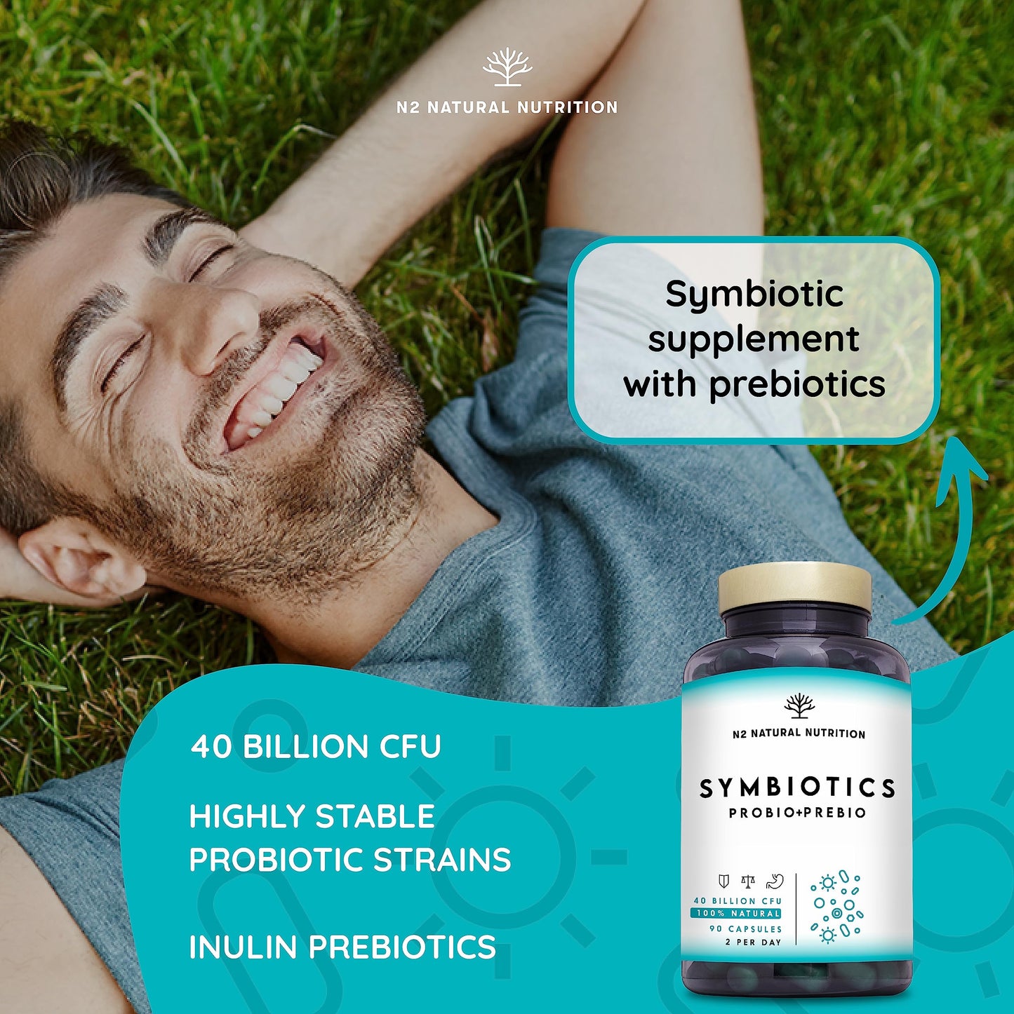 Pre and Probiotics for Gut Health. Probiotic Complex with 40 Billion Probiotic Bacteria. Probiotics for Intestinal Flora and Relief of Digestive Discomfort. 30 Capsules. N2 Natural Nutrition.