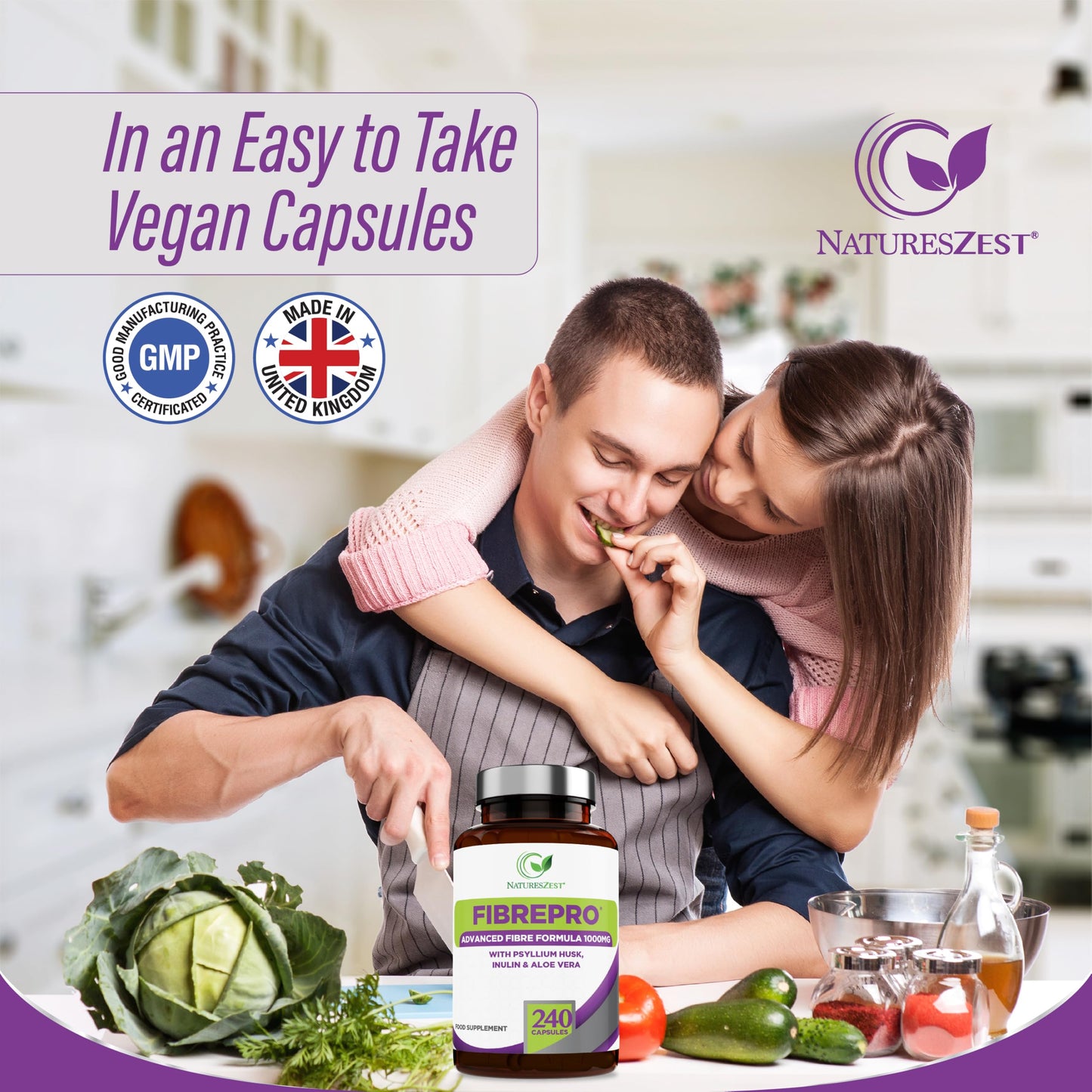 Natures Zest FibrePro 1000mg - Fibre Supplement -240 Psyllium Husk Capsules | High Strength Fiber Supplement Enriched with Prebiotic Inulin, Aloe Vera & Flaxseed | Vegan, Non GMO| UK Made - 4 Month Supply