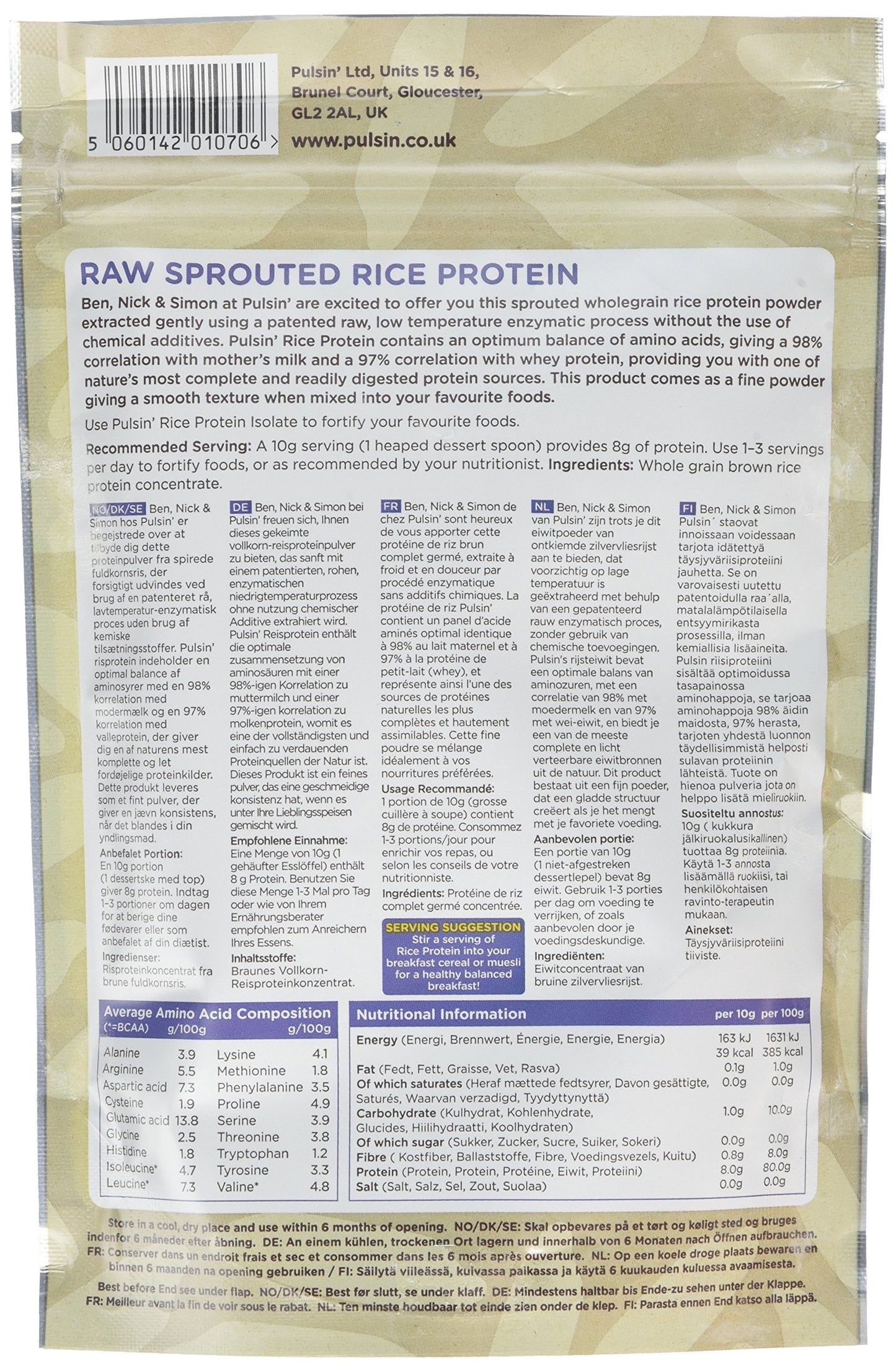 Pulsin Raw Sprouted Rice Protein Powder, 250g