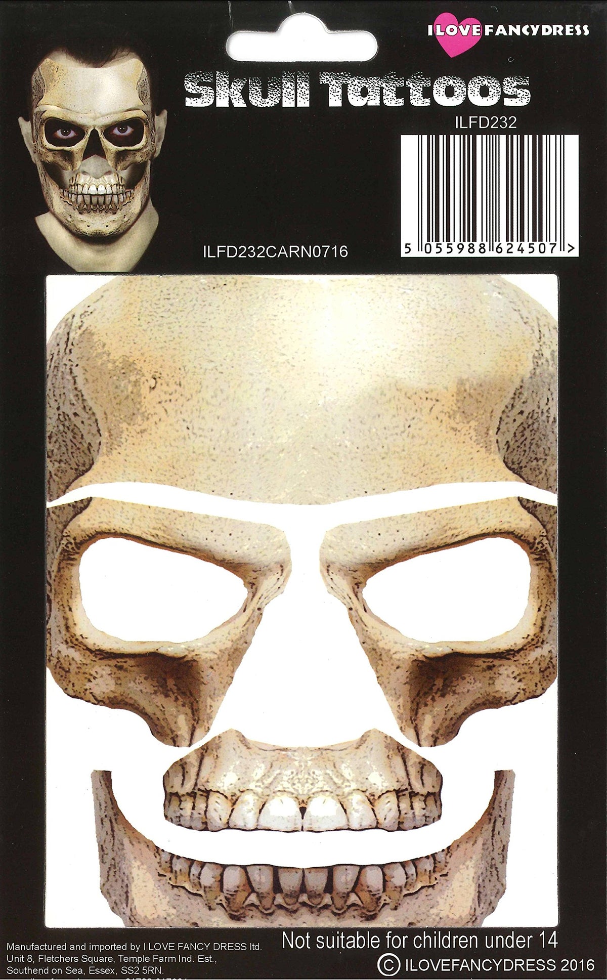 I LOVE FANCY DRESS SKULL FACE TATTOO TRANSFER KIT - HALLOWEEN SKELETON INSTANT FACEPAINT - PERFECT HALLOWEEN FANCY DRESS ACCESSORY