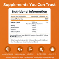 Purolabs Vitamin C Capsules – Wholefood, High Strength Vitamin C Supplement with Acerola Cherry, Rosehip, Blackcurrant & Elderberry for Immune Support and Antioxidant Benefits – 60 Vegan Capsules