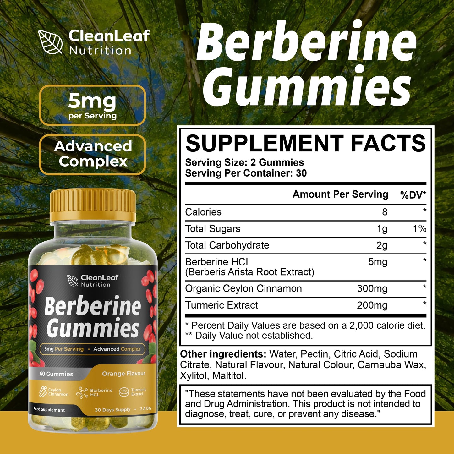 Berberine Gummies Food Supplement | Orange Flavour with Ceylon Cinnamon, Berberine HCL, Turmeric Extract | Supports Metabolic Health | Vegan Friendly | Non-GMO | 60 Gummies