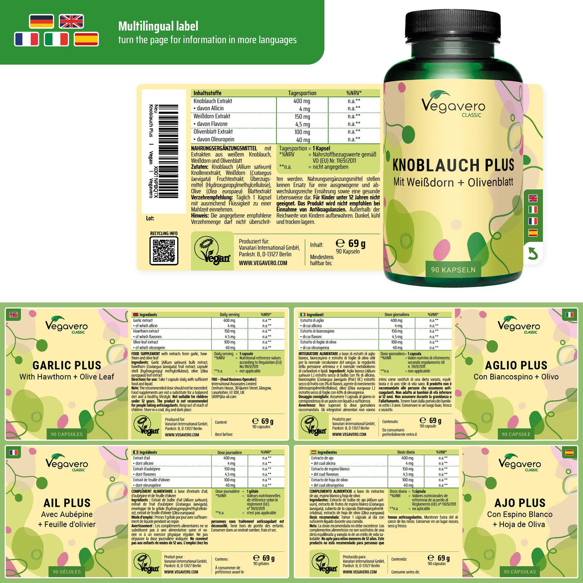 Vegavero Hawthorn Garlic Supplement | NO Additives | with Olive Leaf Extract | 4 mg Allicin | Lab-Tested & Non-GMO | 90 Capsules | Vegan