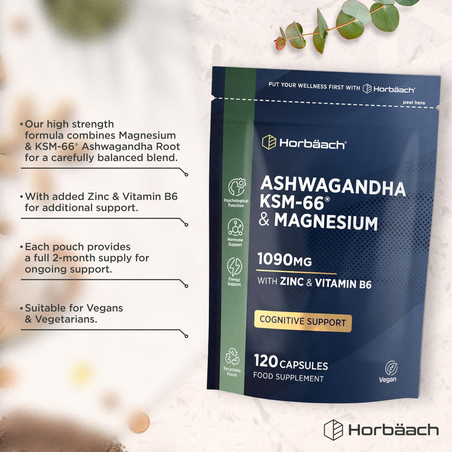 Horbäach Ashwagandha KSM-66 Complex Enhanced with Magnesium, Zinc & Vitamin B6 | High Strength Ashwagandha Root Supplement | 120 Vegan Capsules (Not Tablets) | by Horbaach