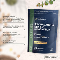 Horbäach Ashwagandha KSM-66 Complex Enhanced with Magnesium, Zinc & Vitamin B6 | High Strength Ashwagandha Root Supplement | 120 Vegan Capsules (Not Tablets) | by Horbaach