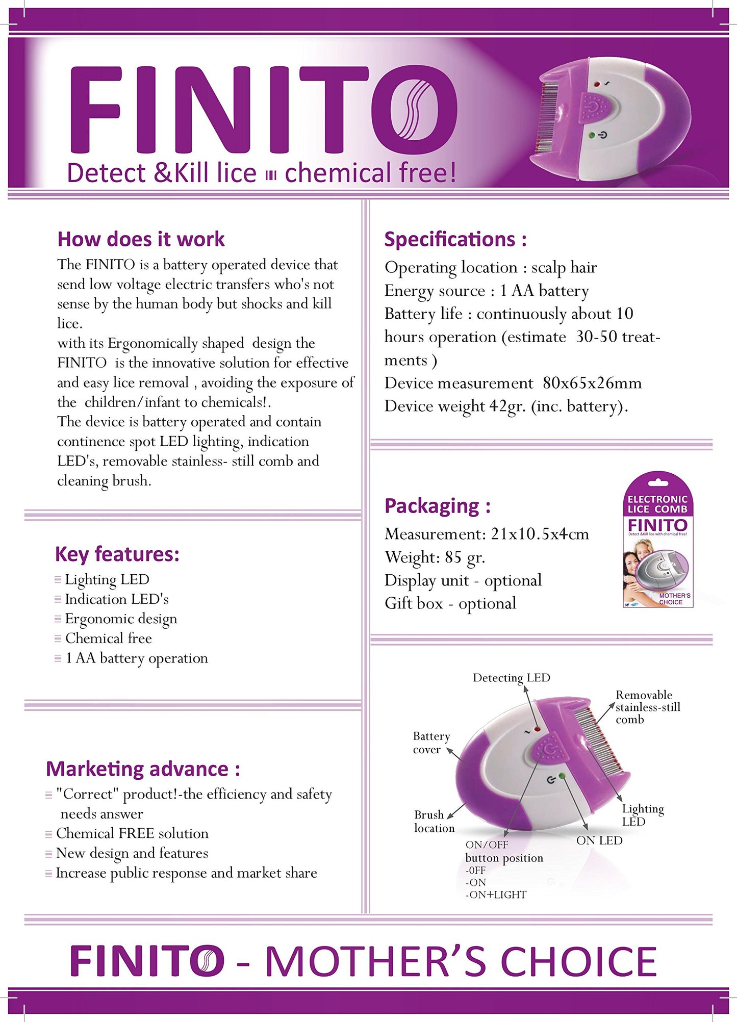 Finito Electronic Lice Comb - Detects And Destroy Lice On Contact Chemical Free