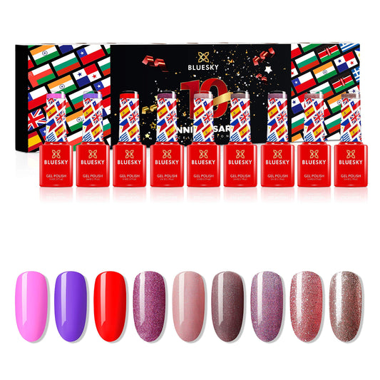 BLUESKY Bluesky Gel Nail Polish Set, 10 Year Anniversary - Full Collection. 9 x 5ml. Pink, Purple, Red, Mauve, Nude, Pastel, Fine Glitter (Requires curing under UV/LED Lamp)