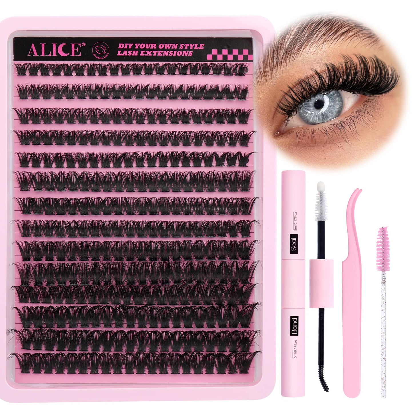 ALICE DIY Eyelash Extension Kit D Curl Fluffy Wispy Lash Clusters Individual Lashes Lash Extension Kit with Lash Bond and Seal Applicator Tool for Self Application at Home (80P-280Pcs-Mix10-16mm-0.07D)