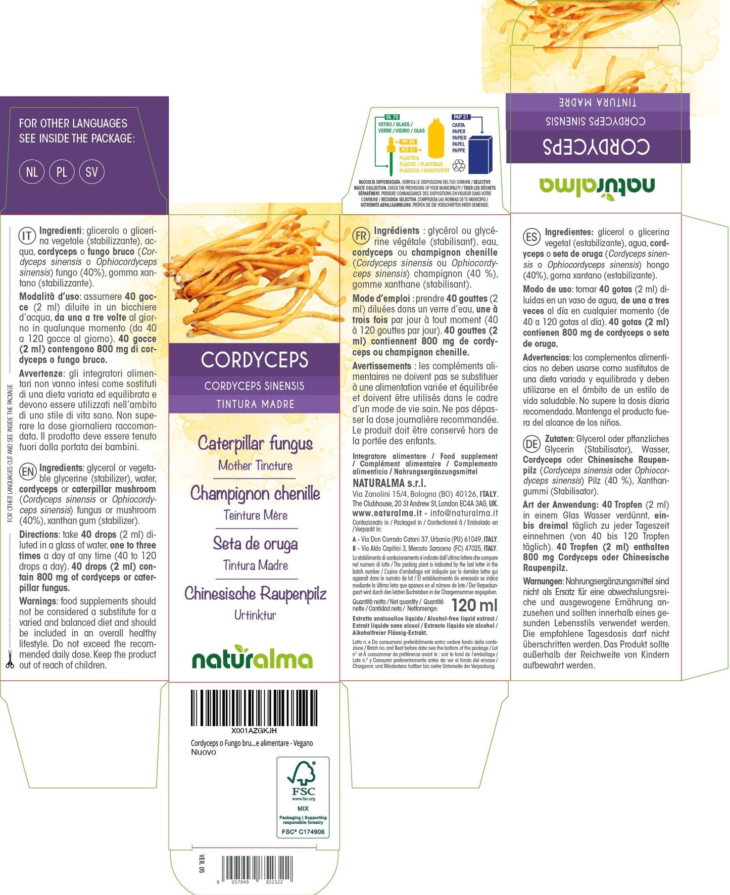 Cordyceps or Caterpillar Mushroom (Cordyceps sinensis or Ophiocordyceps sinensis) Fungus or Mushroom Alcohol-Free Mother Tincture Naturalma - Liquid Extract Drops 120 ml - Food Supplement - Vegan