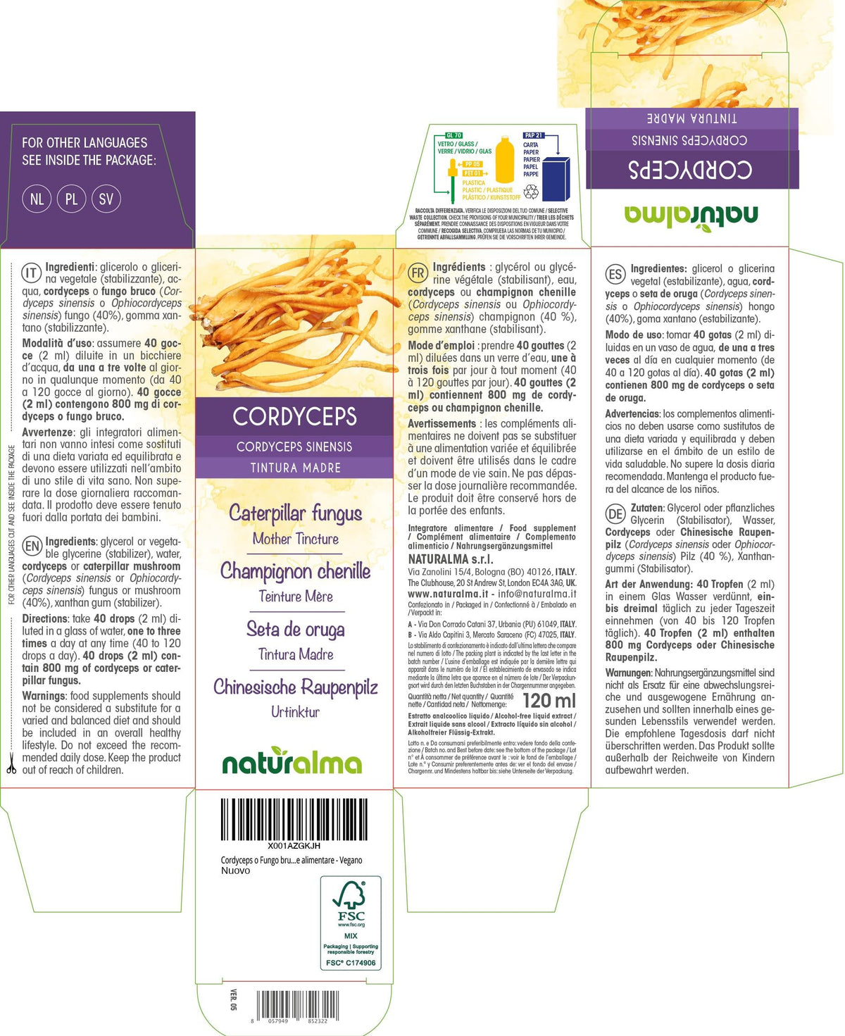 Cordyceps or Caterpillar Mushroom (Cordyceps sinensis or Ophiocordyceps sinensis) Fungus or Mushroom Alcohol-Free Mother Tincture Naturalma - Liquid Extract Drops 120 ml - Food Supplement - Vegan