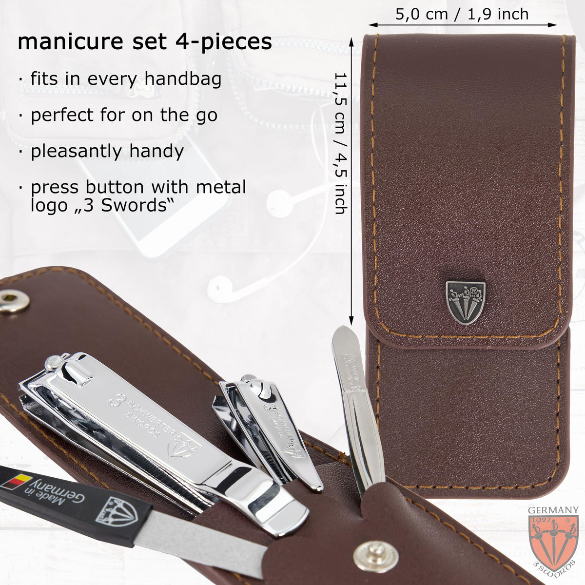 3 Swords Germany - manicure set with finger and toe nail clipper tweezers and nail file in brown synthetic leather case - brand quality
