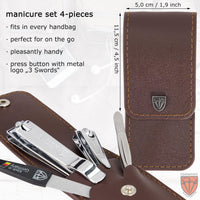 3 Swords Germany - manicure set with finger and toe nail clipper tweezers and nail file in brown synthetic leather case - brand quality