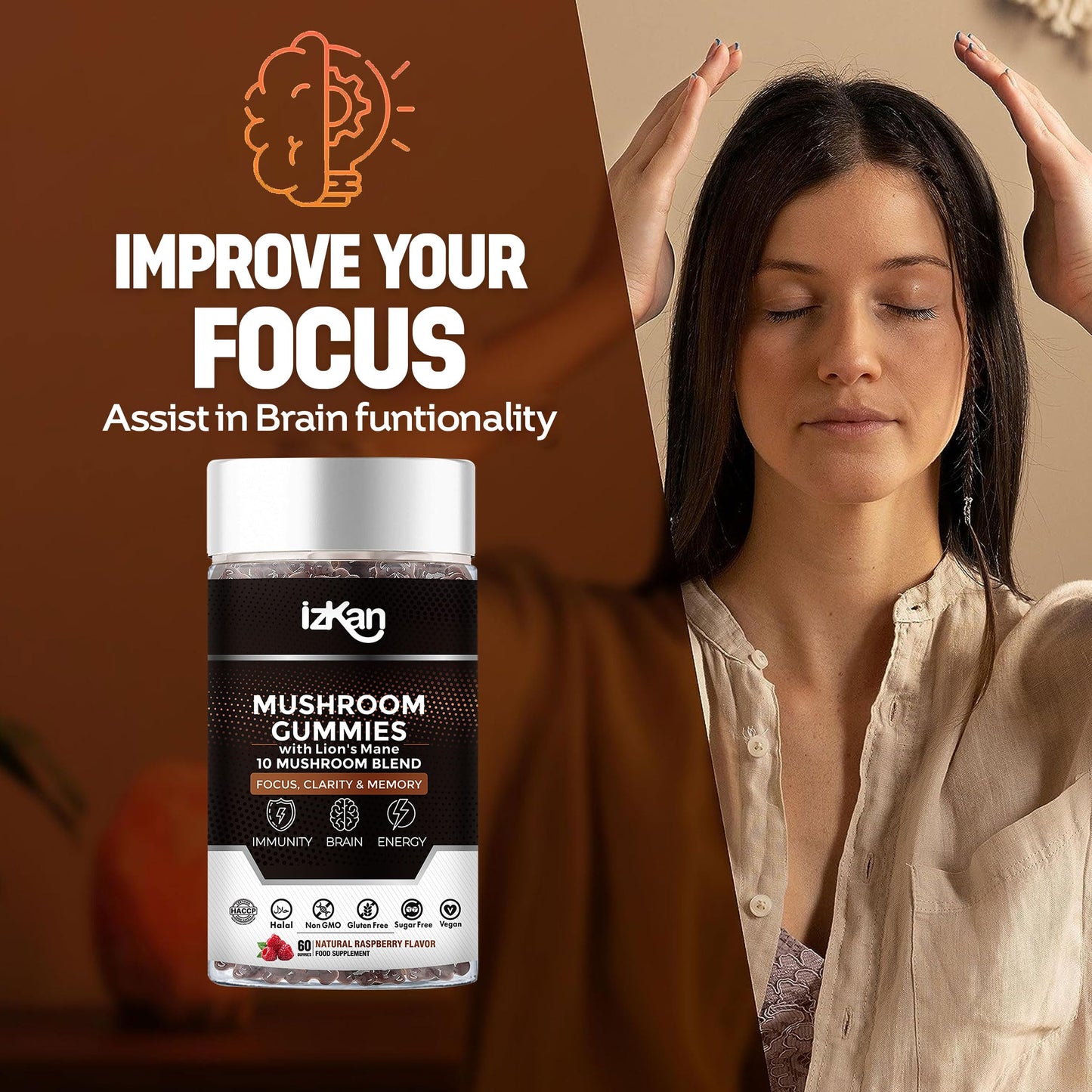 Izkan Mushroom Gummies Supplement 3000mg - 9 Mushrooms Gummies with Ashwagandha Supplement Promotes Nootropic Brain Supplement, Immune Support & Stress Relief - 60 Count (Halal, Gluten-Free, Vegan) (2)