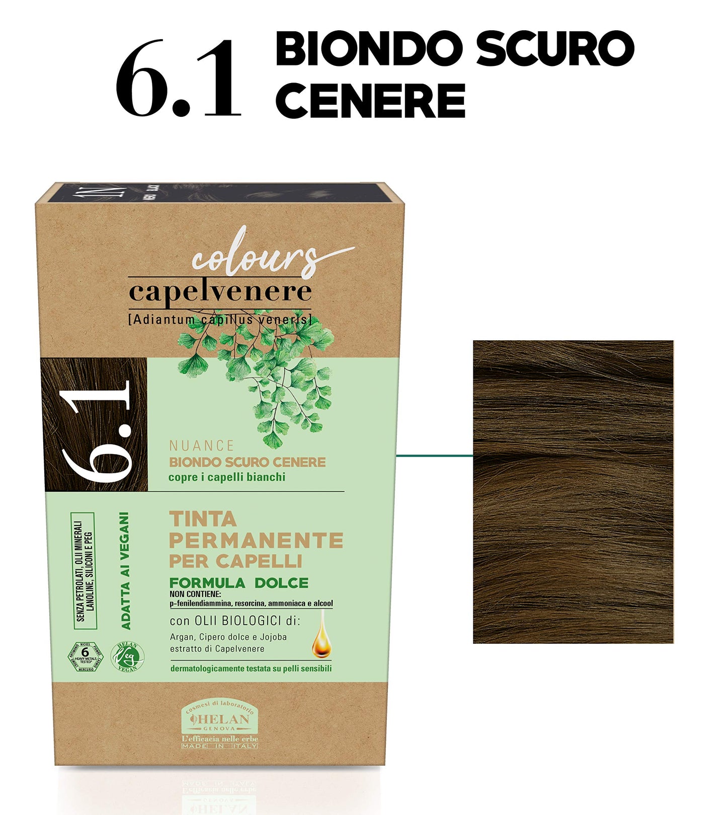 Helan, Capelvenere Colours, Permanent Natural Hair Colour, Nuance N6.1 Dark Ash Blonde - Easy Application Kit Odourless, Excellent Coverage - Ammonia and Alcohol Free Hair Colour, 125 ml